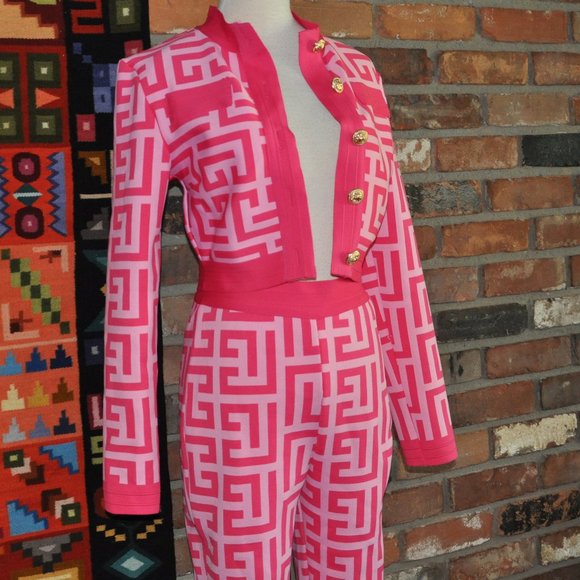 2 Pc Pink Barbiecore Bodycon Stretch High Waisted Pant Suit Cropped Jacket M-L - Picture 8 of 11